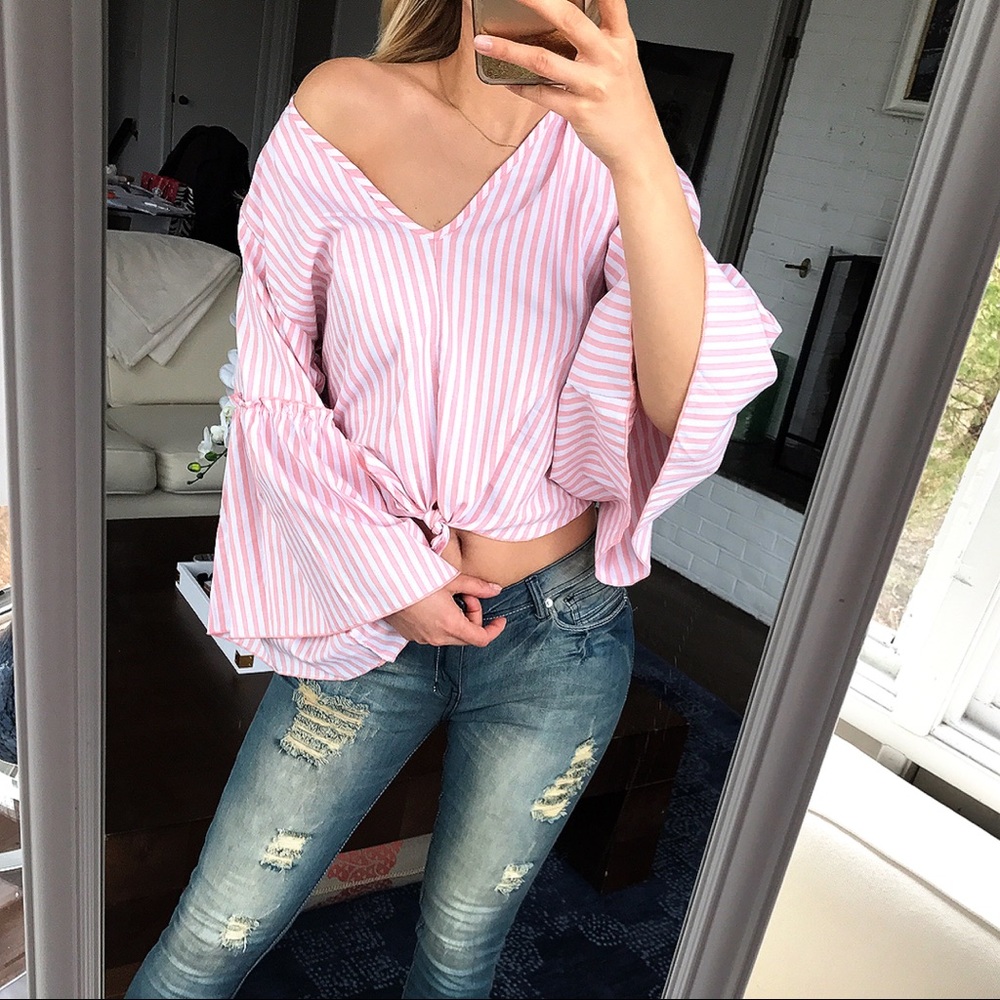 White Peach Stripe Bell Sleeve Wrap Top - Picture 6 of 8